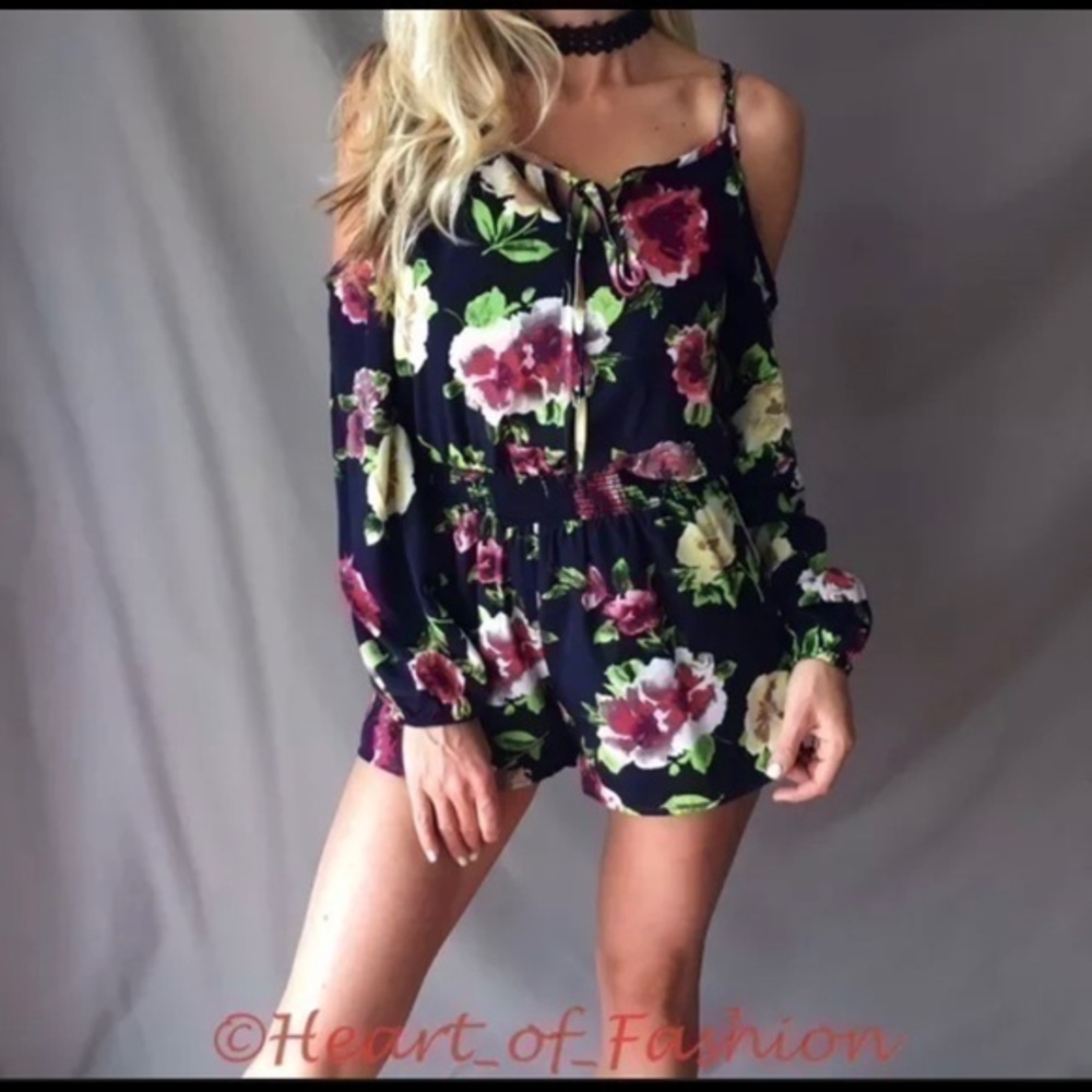 Cold Shoulder Navy Floral Print Smocked Romper S